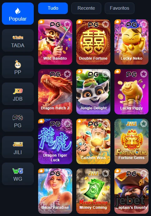 Tela do app jebet mostrando jogos populares para jogadores VIP.