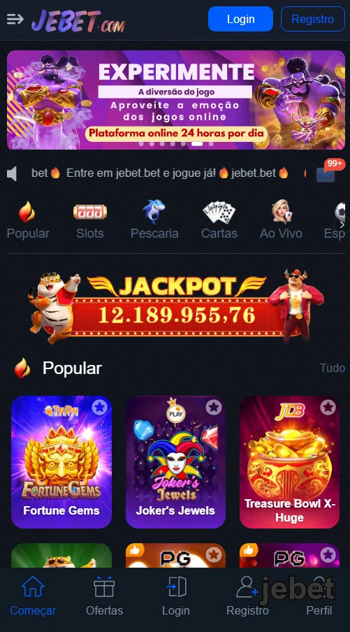 Interface da jebet apresentando jogos e jackpots disponíveis.