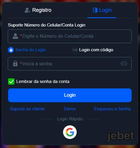 Tela de login da jebet com campos para acesso rápido.