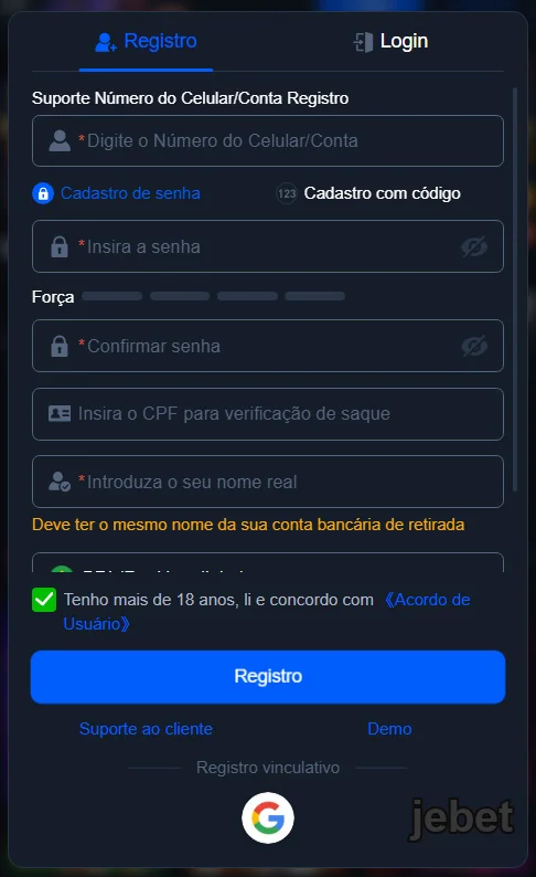 Interface de suporte para registro de usuários VIP na jebet.